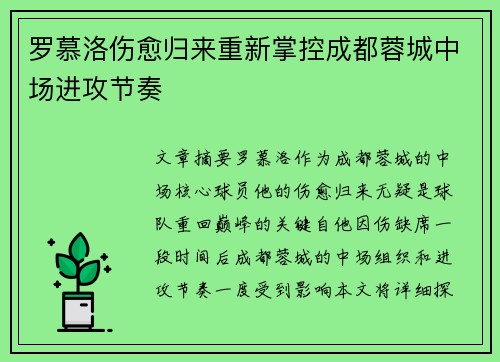 罗慕洛伤愈归来重新掌控成都蓉城中场进攻节奏 罗慕洛伤愈归来重新掌控成都蓉城中场进攻节奏